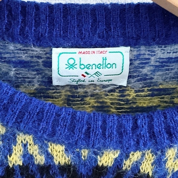 Vintage Knit Sweater Benetton Fair Isle Southwestern Cobalt blue Mohair - Picture 3 of 11